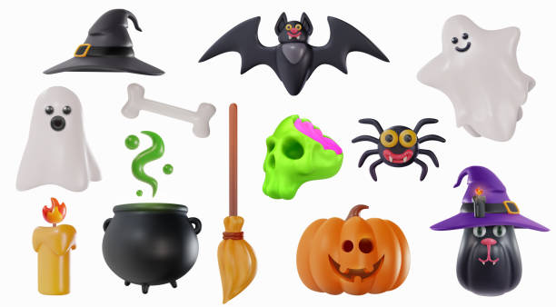 istock Happy halloween festive elements in realistic cartoon style. Bat, spider, cat, ghost, witch pot, skull, candle, broom, bone. Funny characters. Collection bright decoration. Set 3d vector illustration. 1684427306