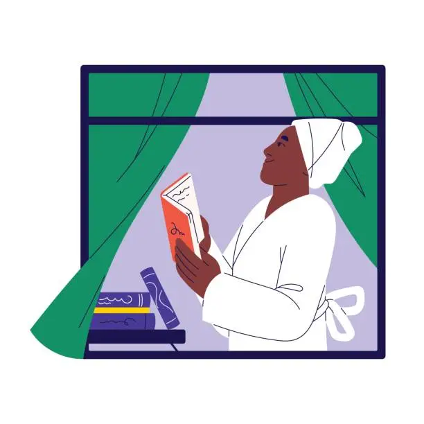 Vector illustration of Black woman reading book in window. People do morning routine, person wearing white bathrobe after bathing, relax on weekend. Female rest on holiday, girl do self care. Flat vector illustration