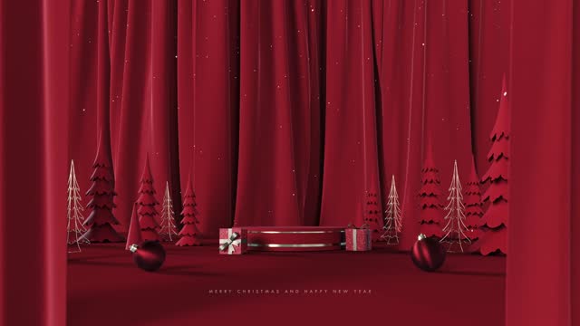 Opening red curtains with empty podium or display for product presentation and Christmas decorations on red background.