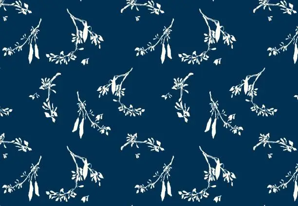 Vector illustration of Liberty style cyanotype seamless pattern of blooming acacia branches