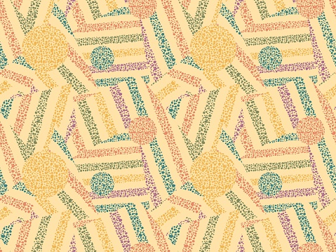 Warm patchwork repeat pattern of colorful cut out textured pieces on yellow backdrop; sunny vintage collage fuzzy vector background for sportswear and rugs