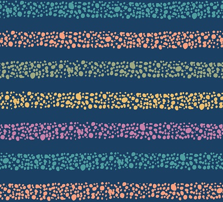 Bobbly repeat pattern of casual colorful stripes with sprinkle texture on dark blue background; organic textured vector print