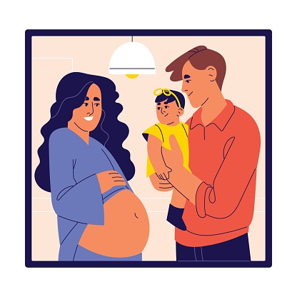 Happy united full family. Smiling daddy standing together with pregnant mother and hold baby. Married couple, young parents care about child. Mom and dad love kid. Flat vector illustration.