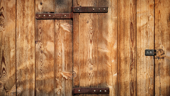 Grunge old weathered rustic knotted burglarized Pinewood closed shed door, with corroded rusty hinges fixed with screws detail, vignette high resolution background stock image