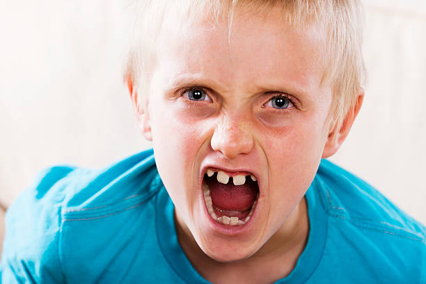 istock Cute 8 year old blond boy making a ferocious face 168447332