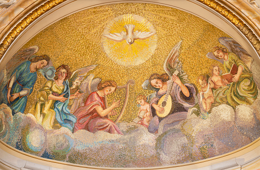 Naples - The mosaic of Holy Spirit among the angels with the music instruments in the church Basilica dell Incoronata Madre del Buon Consiglio by unknown artist