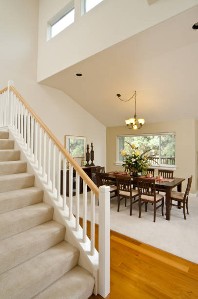 istock Modern staircase view of dining room 168450363