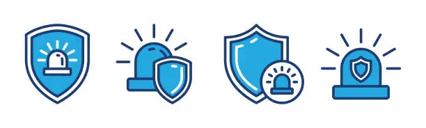 Vector illustration of Security alert icons. Shield protection, with emergency siren. Attention light signal with shield. Danger, attention, signal, caution sign for apps and websites. Vector illustration