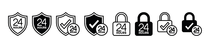 24 hour security thin line icon for apps and websites. Safety, secure, protection for 24 hours icons symbol. Shield, padlock, lock, check mark icon. Vector illustration