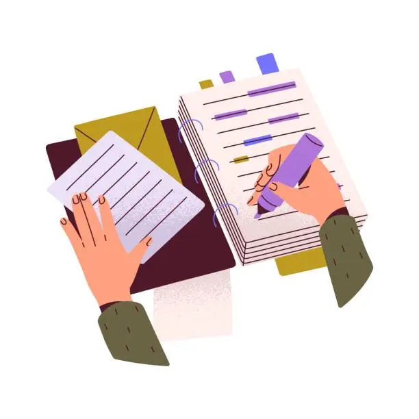 Vector illustration of Hands with highlighter marker and papers. Person highlight information in notebook, study homework. Woman do mark in journal, write note. Flat isolated vector illustration on white background