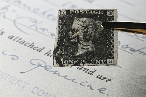 Plate 5 Penny Black with black Manchester cross cancellation. It is the world's first adhesive postage stamp.