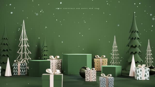Winter Christmas scene with empty podium for product presentation. Luxury mockup podium with Christmas decoration and falling snow on green background.