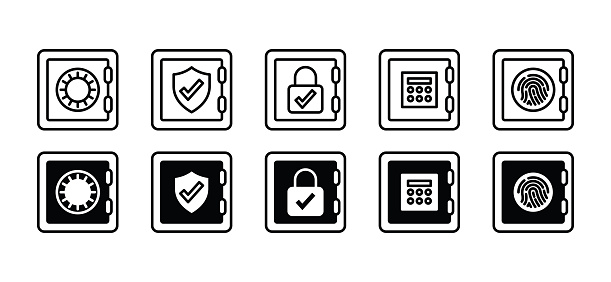 Safe financial vault thin line icons. Safe vault with shield, padlock, checkmark, password, and fingerprint. Bank security and protection icon symbol. Vector illustration