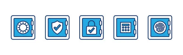 Vector illustration of Safe financial vault icons. Safe vault with shield, padlock, checkmark, password, and fingerprint. Bank security and protection icon symbol. Vector illustration