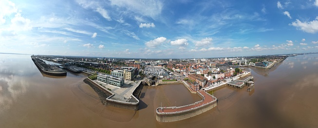 Image taken by professional drone looking down on the marina and waterside areas of the city of Hull, UK