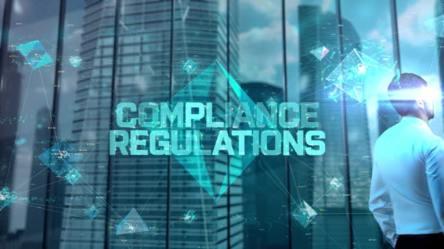 Compliance Regulations. Businessman Working in Office among Skyscrapers. Hologram Concept