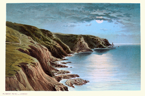 Vintage illustration of Plemont Point, Jersey, Channel Islands, moonlit coastal headland scene, Victorian landscape art 19th Century