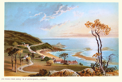 Vintage illustration of Road from Gorey to St Catherines, Jersey, Channel Islands, Cottages, Coast, Victorian landscape art 19th Century
