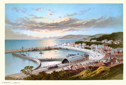 Vintage illustration of St. Aubin's harbour, Jersey, Channel Islands, town, fishing port, Railway, Victorian landscape art 19th Century