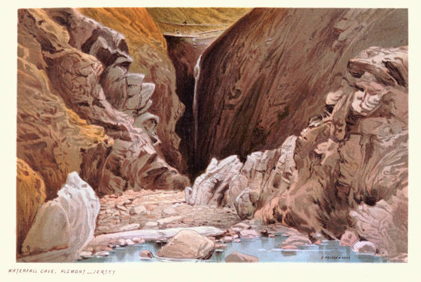 istock Waterfall cave, Plemont, Jersey, Channel Islands, rocky coastal scene, Victorian landscape art 19th Century 1684549666