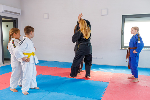 Aikido instructors working with children on training.