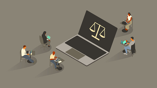 Five people surround an oversized laptop with a legal icon on-screen, illustrated as a scales of justice. Everyone uses laptop computers themselves. Isometric vector illustration leverages a limited color palette on a 16x9 artboard. Icon created from scratch by the illustrator.