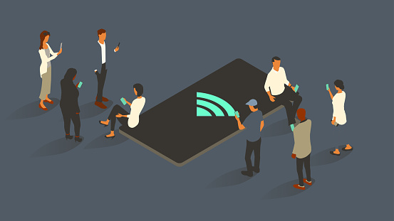 Eight people surround an oversized phone with a wifi icon on-screen. Everyone uses smartphones themselves. Isometric vector illustration leverages a limited color palette on a 16x9 artboard. Icon created from scratch by the illustrator.