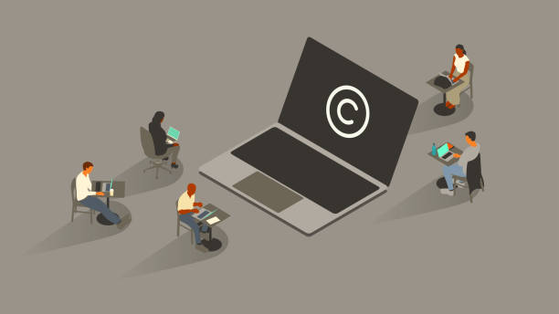 Copyright symbol on laptop Five people surround an oversized laptop with a copyright icon on-screen. Everyone uses laptop computers themselves. Isometric vector illustration leverages a limited color palette on a 16x9 artboard. Icon created from scratch by the illustrator. wipo stock illustrations