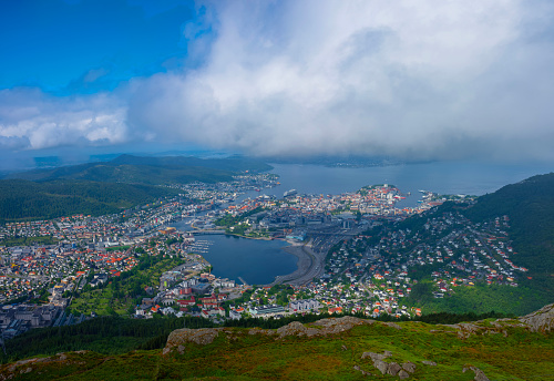 The view of the city of Bergen, Norway, from Ulriken, the highest point of the Seven Mountains that surround the city, after a morning fog has lifted.