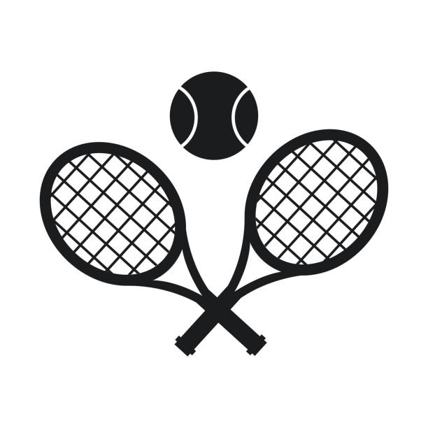 illustrazioni stock, clip art, cartoni animati e icone di tendenza di silhouette scura di racchetta da tennis incrociata e palla. - tennis silhouette tennis racket tennis ball