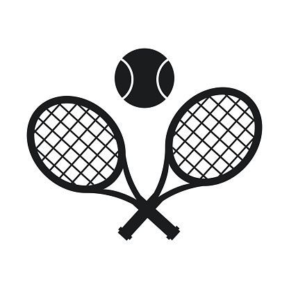 Dark silhouette of crossed tennis racket and ball. Isolated on white.