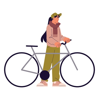 People standing with eco friendly transport. Woman on bike ride in city. Girl hold bicycle, person with cycle. Active lifestyle, healthy hobby. Flat isolated vector illustration on white background.