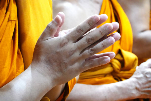 仏陀寺院で祈る仏教僧侶。 - ラマ僧 ストックフォトと画像