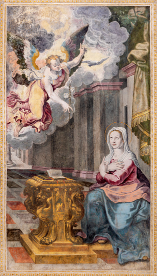 Naples - The fresco of Annunciation in the church Chiesa di San Giovanni a Carbonara by  by unknown mannerist painter from years (1570 - 1575).
