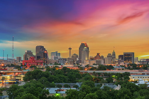 San Antonio, Texas, USA downtown skyline at dusk.