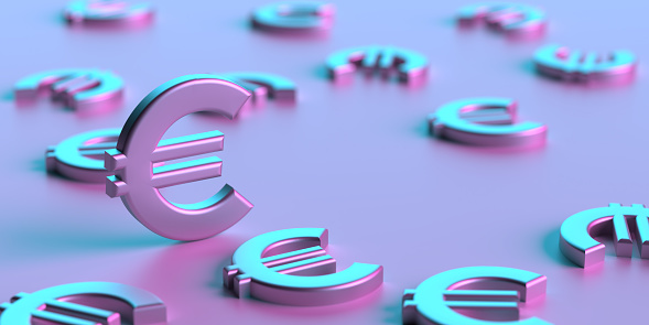 Fiscal year 2024 currency symbol concept: European Union money icon in shiny metallic light reflecting vibrant background with drop shadow. Minimalist financial template. 3D horizontal illustration composition design with copy space.