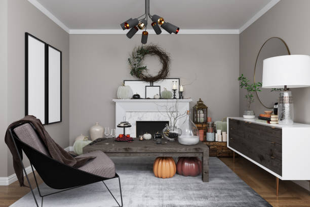 istock Living room with fireplace decorated for Halloween 1684655842