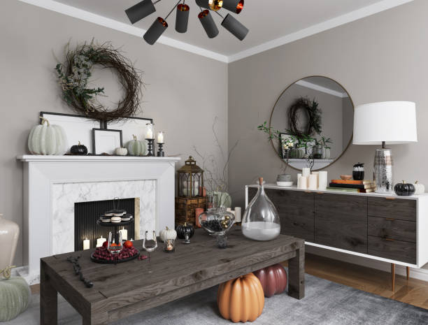 istock Cozy living room with fireplace decorated for Halloween 1684662585