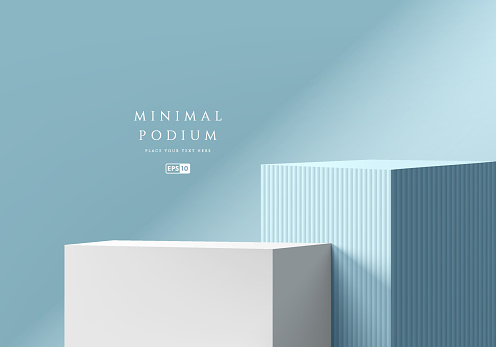 3D background with set of level white and blue cube pedestal podium with natural light wall scene. Platforms mockup product display presentation. Abstract composition minimal design. Stage showcase.