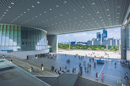 Seoul, South Korea - July 1, 2023 : The modern architecture of the National Museum of Korea with many visitors or travelers on holiday