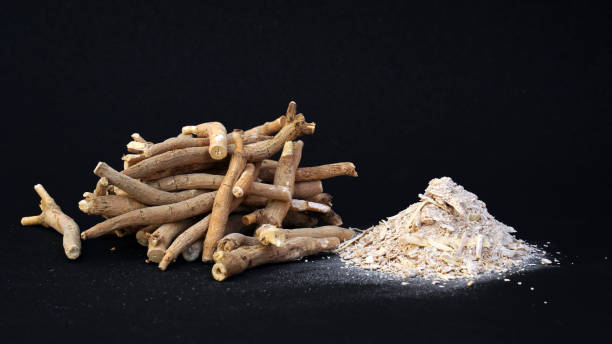 istock Ashwagandha Dry Root Medicinal Herb with Fresh Leaves, also known as Withania Somnifera 1684696384