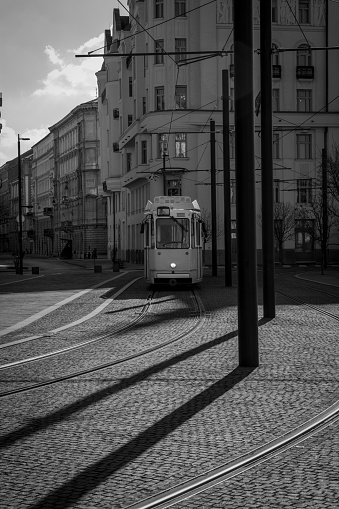 Historic tram, black and white photo
