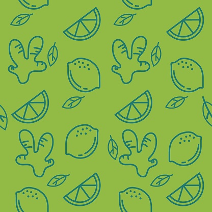 Hand drawn line art fruits seamless pattern lemons, slice of lemons, and ginger