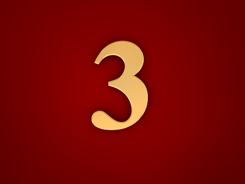 Golden Number Three on red background. Digitally generated image