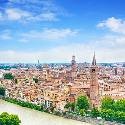 Panoramic view of Verona and Adige River, Italy. Composite photo