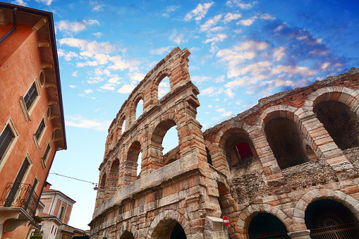 Verona, Italy. The Roman theatre of Verona is an ancient Roman theatre in the city center along the river Adige