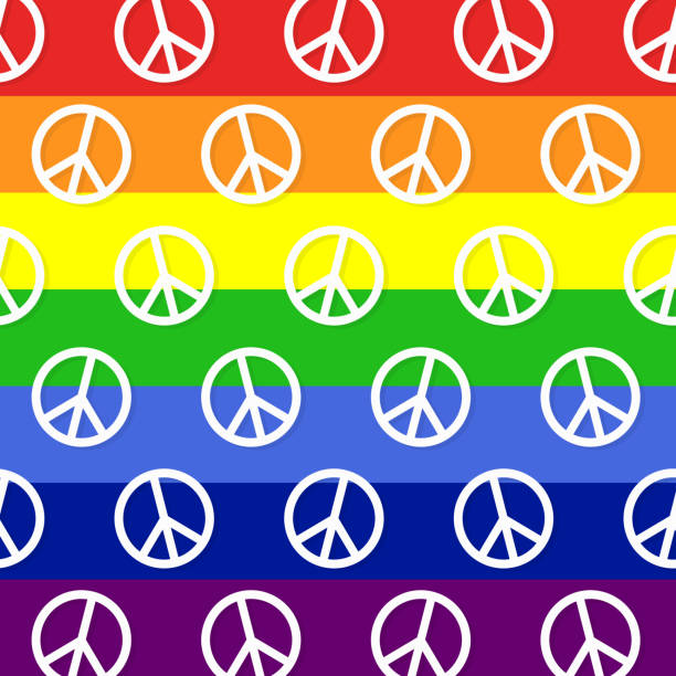 międzynarodowy symbol pokoju pacific ikonuje jednolity wzór na tęczowym tle. projekt koncepcyjny międzynarodowego dnia pokoju - symbols of peace flag gay pride flag banner stock illustrations