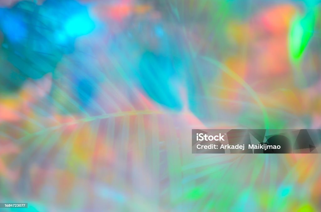 Holography of palm leaves A colorful of light effected by hologram filter. Abstract Stock Photo