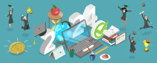 Vector illustration of 3D Isometric Flat Vector Conceptual Illustration of 2024 - Academical Year Online, Distance Courses And E-learning