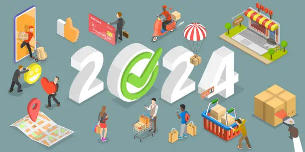 Vector illustration of 3D Isometric Flat Vector Conceptual Illustration of E-commerce Trends In New Year 2024